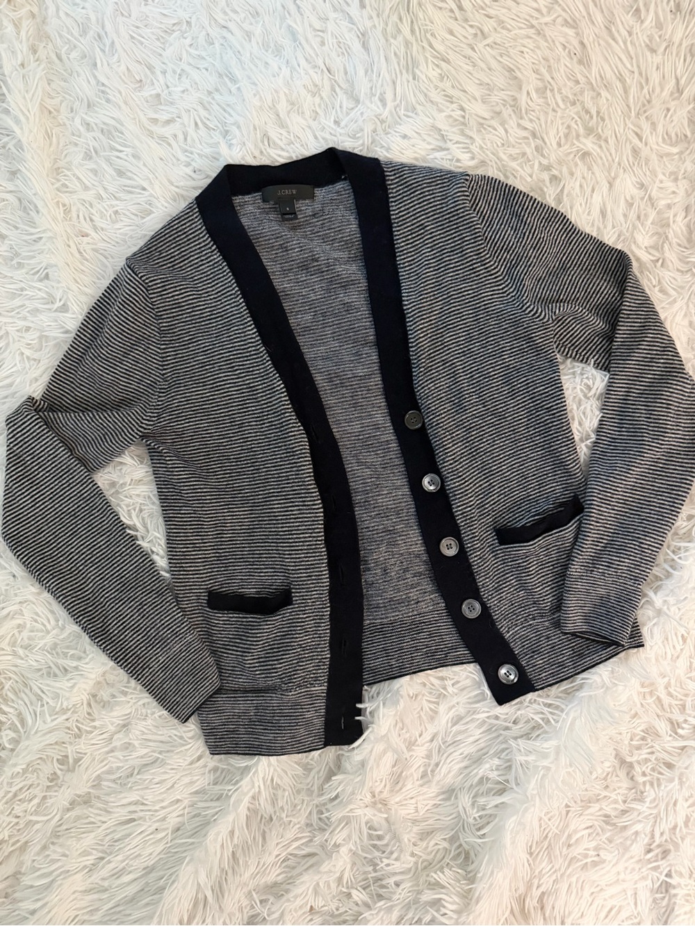J.Crew Merino Wool Striped Cardigan Sweater Black Gray Button Front S